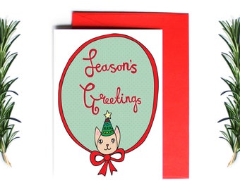 Christmas Card - Season's Greetings Cat | Greeting Card | Holiday Card | Cat Christmas Card