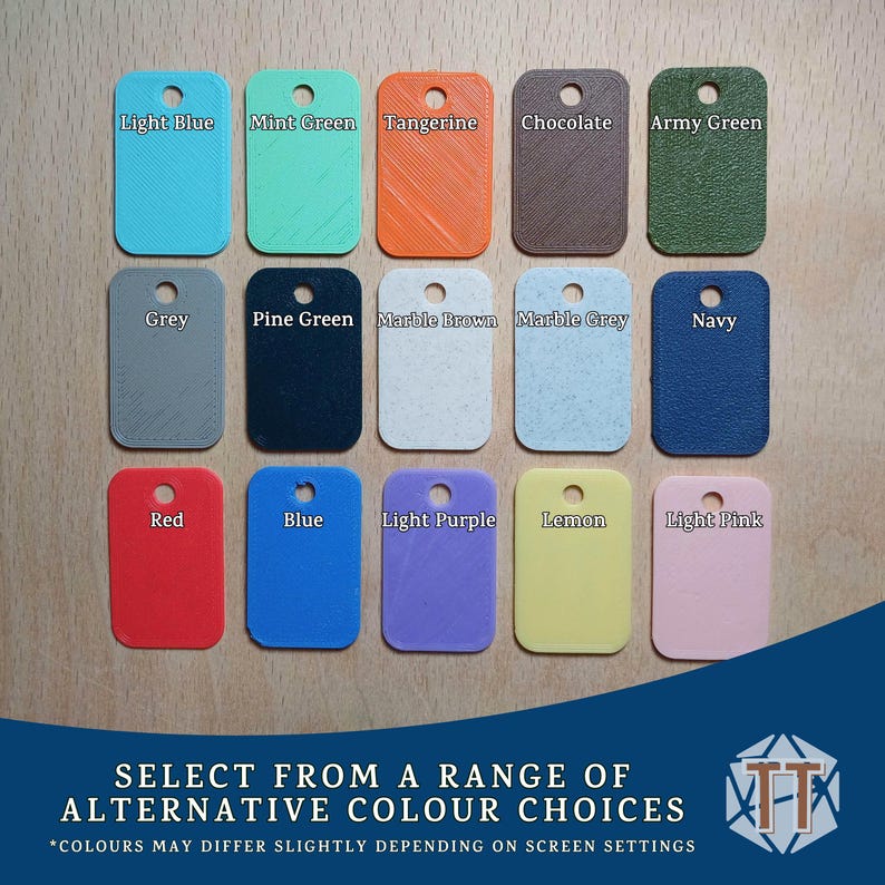 May include: A selection of rectangular color swatches in various shades, including light blue, mint green, tangerine, chocolate, army green, grey, pine green, marble brown, marble grey, navy, red, blue, light purple, lemon, and light pink. Each swatch has a hole at the top.