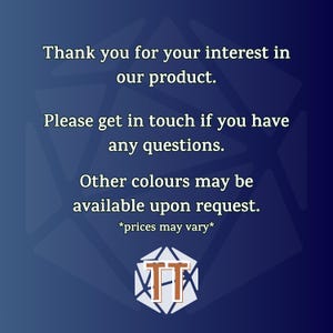 May include: Dark blue background with white text that reads "Thank you for your interest in our product. Please get in touch if you have any questions. Other colours may be available upon request." A logo is at the bottom.