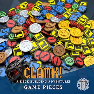 May include: A collection of game pieces for the board game Clank! A Deck Building Adventure! The pieces are made of plastic and feature various colors, including red, blue, yellow, green, and black. The pieces include coins, tokens, and cards.