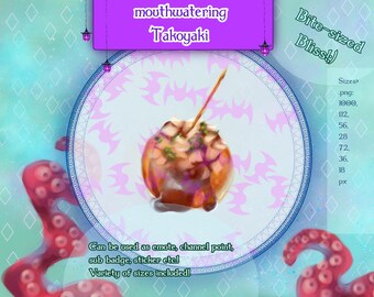 Insignia de comida con gesto de aperitivo de punto de canal de Takoyaki. Recurso de transmisión de Takoyaki. Etiqueta de comida para Twitch, YouTube y Discord. Recurso Takoyaki png.