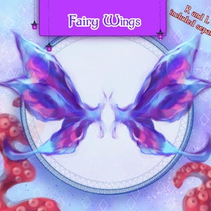 Puede incluir: Un par de alas de hada iridiscentes con tonos azules, morados y rosados. Las alas están sobre un fondo blanco con un borde azul y blanco. El texto "Fairy Wings" está escrito en letras rosas en la parte superior de la imagen. El texto "R and L wing included separately" está escrito en letras rojas en la parte superior derecha de la imagen.