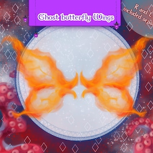 Puede incluir: Un par de alas de mariposa fantasma naranja y amarilla sobre un fondo azul y blanco con un patrón de diamantes. El texto "Ghost butterfly Wings" está escrito en un cuadro morado en la parte superior de la imagen. El texto "R and L wing included separately! :3" está escrito en un cuadro morado en la parte superior derecha de la imagen.