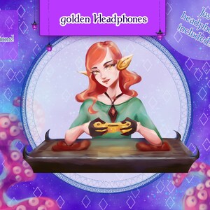 May include: A digital illustration of a woman with red hair and elf ears wearing golden headphones. She is sitting at a table and holding a video game controller. The background is a purple and blue galaxy with pink octopus-like creatures.