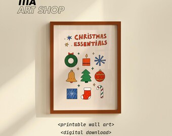 Puede incluir: Un estampado enmarcado con el texto "CHRISTMAS ESSENTIALS" e ilustraciones navideñas, incluyendo una corona, vela, copo de nieve, campana, árbol de Navidad, adorno, regalo, calcetín y bastón de caramelo. El estampado está etiquetado como "printable wall art" y "digital download".