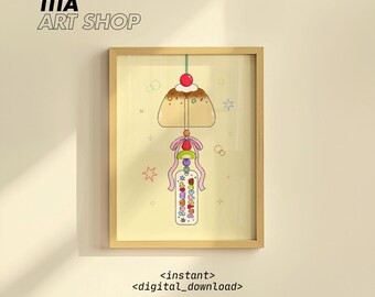 Summer Daydream Furin Wand Kunst zum Ausdrucken: Japanisches Windspiel Glocke Poster, Pudding Pudding Dessert Cafe Dekor (Digitaler Download)
