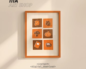 Arte de parede estética de outono para impressão: pôster de caneca com folha de bolota e abóbora de outono, decoração de quarto de chalé laranja e marrom (download digital)