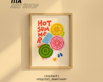 Hot Summer Wall Art Printable: Vibrant Colorful Coastal Parasol Umbrellas Poster, Retro Beach House Living Room Decor (Digital Download)