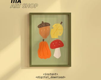 Arte de parede para impressão em estilo Autumn Core: pôster de folha de cogumelo e abóbora de bolota desenhado à mão, decoração aconchegante em tom quente para quarto Cottagecore (download digital)