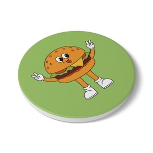 Cute Burger Ceramic Coaster, Fun Kitchen Decor, Fast Food Lover Gift, Party Accessory, Retro Humor Kitchenware