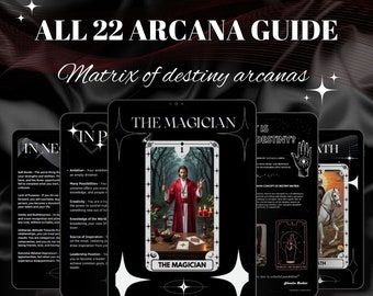 May include: A digital guide titled "ALL 22 ARCANA GUIDE" with the text "Matrix of destiny arcanas." The guide features tarot card illustrations, including "THE MAGICIAN" and "DEATH," on a black background with white accents. The guide is designed for divination and spiritual exploration.