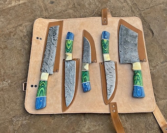5 Pcs Damascus Steel Chef Knives Set Leather Bag Hand Forged Full Tang Blades Anniversary gifts Mother day gifts