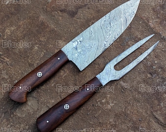Juego de cuchillos de barbacoa de Damasco, 2 piezas, cuchillo de chef y tenedor hechos a mano, cuchillos para trinchar, juego para asar a la parrilla, regalo unisex, cumpleaños, aniversario, Día de la Independencia.