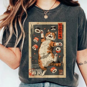 Sushi Cat T-Shirt | Unisex Softstyle Tee for Cat Lovers, Foodies, How I Roll Cat Cafe Sushi Poster Harajuku Kawaii Japanese Shirt