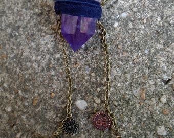 DeviDesigns Aged Bronze Amethyst Double Point Healing Crystal Necklace Pendant w Hamsa, Copper Om AUM n 8 Pointed Star charms & Fairy Bells