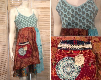 Upcycled jurk Boho chic zomerjurk Upcycled kleding Indiase sari zijden gelaagde bloemengaas patchwork Indiase blokprint cami-jurk omgebouwd