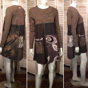 Upcycled Dress Patchwork T-shirt Knit Dress w Mandala Patchie Pocket Boho Chic Eco Tunic rustic primitive S M Upcycled Clothing imagem 1