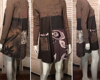 Upcycled jurk Patchwork T-shirt gebreide jurk w Mandala Patchie Pocket Boho Chic Eco tuniek rustieke primitieve S M Upcycled kleding