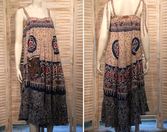 Vintage Dress Indian Block Print Tiered Maxi Sundress Upcycled Clothing Boho Chic Eco Hippie S M Sacred Geometry Batik Pocket Festival Dress