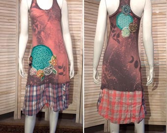 Upcycled Dress Racer Back Layering Tank Top Primitive Scrappy Junk Gypsy Sacred Geometry Seed of Life Batik Eco XS  S DeviDesigns