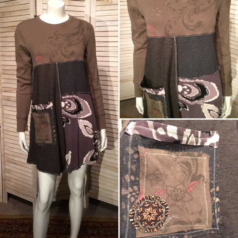 Upcycled Dress Patchwork T-shirt Knit Dress w Mandala Patchie Pocket Boho Chic Eco Tunic rustic primitive S M Upcycled Clothing imagem 4