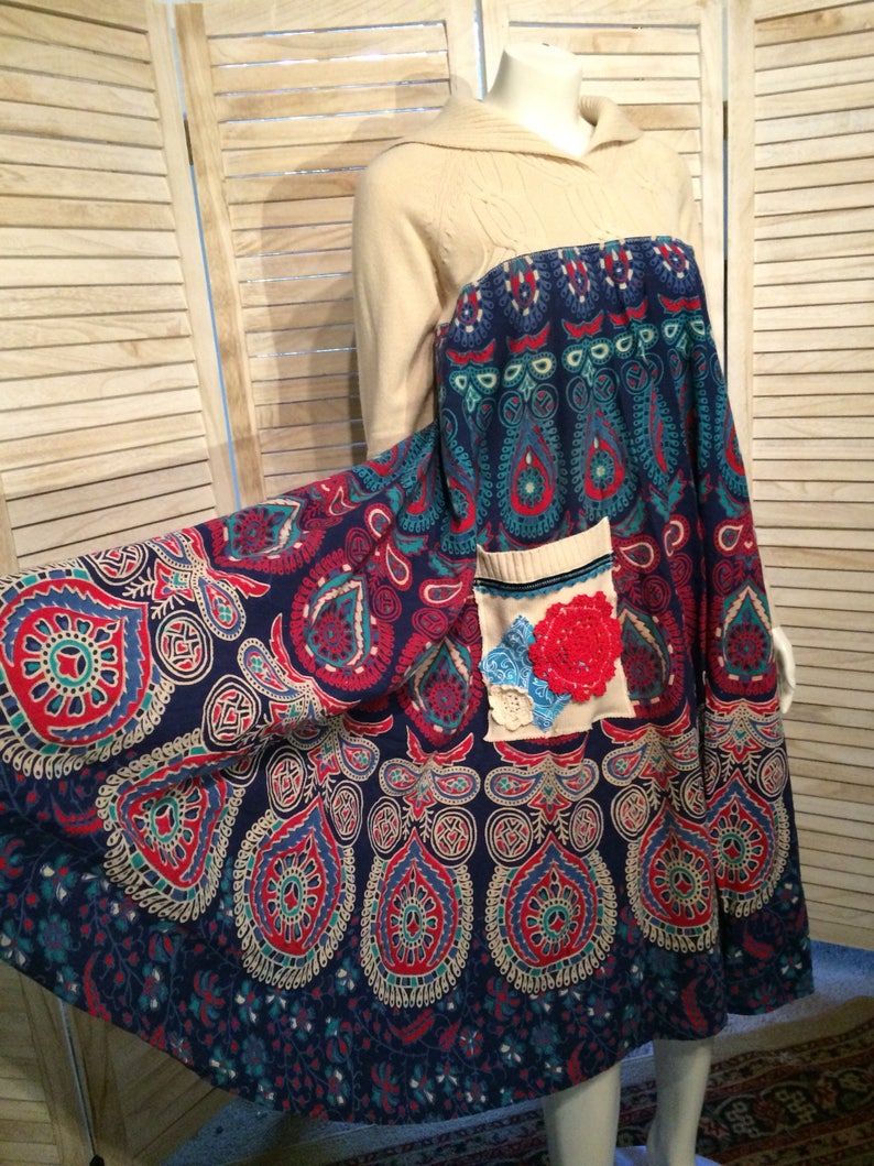 Upcycled Dress Vintage Indian Block Print Junk Boho Chic Sweater Dress ...