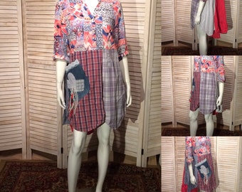 Upcycled jurk Upcycled kleding Artsy tuniek Shirt Top w Tribal Print Voile, strepen & Plaid katoen Patchwork Boho Chic ongewenste Gypsy Sz XL XXL