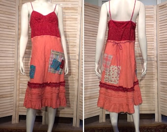 Geüpcyclede jurk Shabby chique geüpcycled kleding Romantisch patchwork Losvallende zomerjurk Linnen Indiase jurk met blokprint S M Primitive DeviDesigns