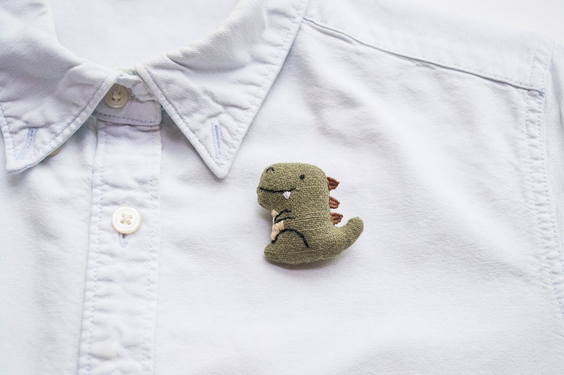 T-rex Dinosaur mini embroidered brooch pin Army Green