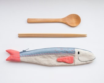 Hand-embroidered Travel tuna cutlery fabric pouch
