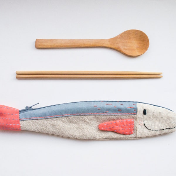 Hand-embroidered Travel tuna cutlery fabric pouch