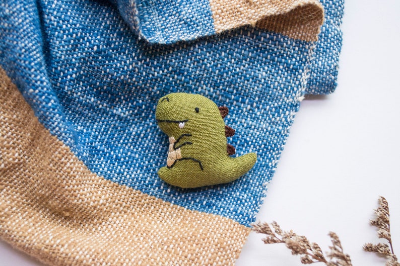 T-rex Dinosaur mini embroidered brooch pin Olive Green