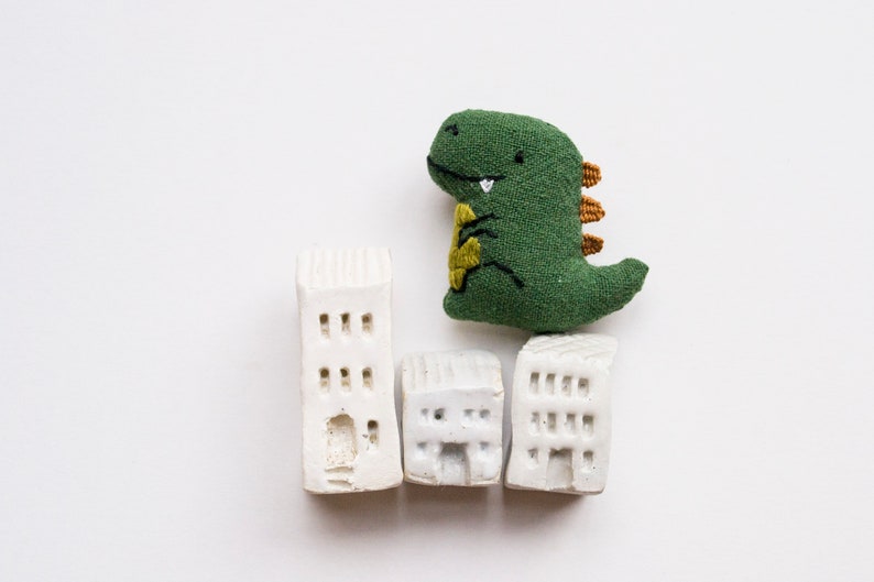 T-rex Dinosaur mini embroidered brooch pin Forest Green