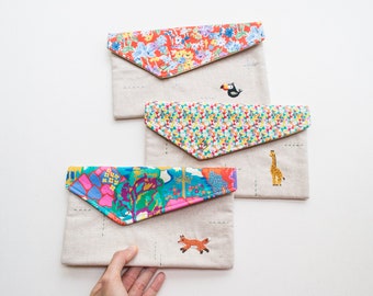 Liberty Hand-Embroidered Envelope Pouches - Toucan Giraffe Fox