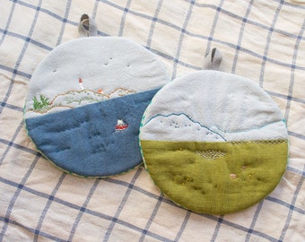 Imaginary Landscape #28 - Cotton Linen quilted Trivet cum Pot Holder