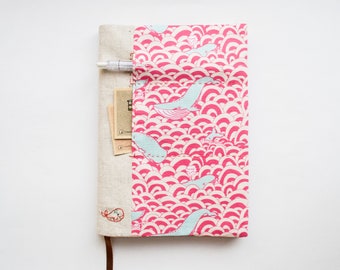 Whale of a time pink - adjustable A5 fabric bookcover