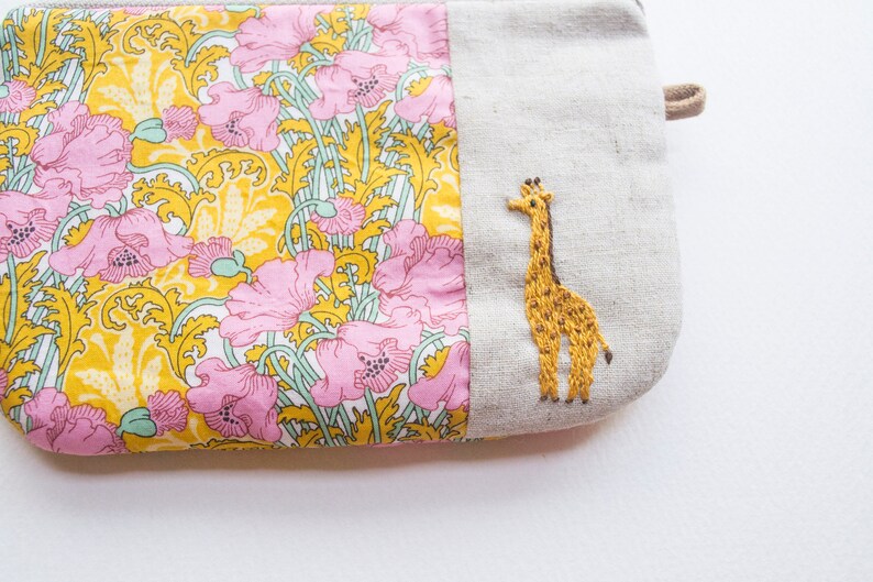 Liberty Hand-Embroidered Petit Zip Pouches Giraffe