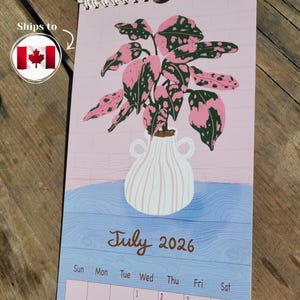 Peut inclure: Une page de calendrier mural pour juillet 2026 illustrant une plante en pot aux feuilles panachées roses et vertes dans un vase blanc à deux anses. Le fond montre un mur rose clair et une surface en bois bleu avec le texte July 2026.