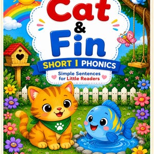 Peut inclure: Couverture de livre pour enfants colorée avec le titre "Cat & Fin" en rouge et bleu. Un chat tigré orange et un poisson bleu sont mis en vedette, entourés de fleurs, d'un arc-en-ciel et d'un soleil souriant. Le livre est pour les jeunes lecteurs.