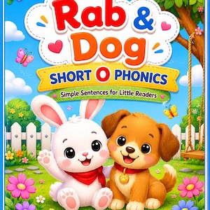 Peut inclure: Couverture de livre pour enfants avec un lapin et un chien de dessin animé. Le titre "Rab & Dog" est en grandes lettres colorées au-dessus du texte "Short O Phonics". La couverture a une bordure bleue et un fond de journée ensoleillée avec des fleurs.