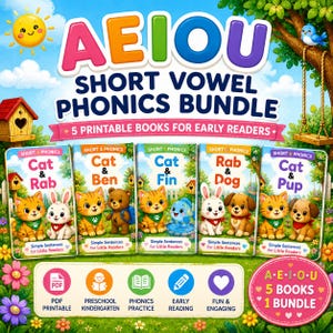 Puede incluir: Un paquete de cinco libros de fonética imprimibles para lectores jóvenes. Los libros presentan ilustraciones coloridas de gatos, conejos y perros. El título "AEIOU Short Vowel Phonics Bundle" se muestra en letras grandes y coloridas.