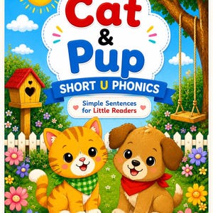 Peut inclure: Couverture de livre pour enfants avec un chat et un chien de dessin animé. Le titre est "Cat & Pup" au-dessus de "Short U Phonics" et "Simple Sentences for Little Readers". L'arrière-plan comprend un soleil souriant, un nichoir, des fleurs et une balançoire.
