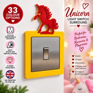 May include: A yellow square light switch surround featuring a red 3D printed unicorn figure on top. The surround frames a metallic silver light switch. Text on the image includes 33 COLOUR OPTIONS, FITS UK SWITCHES & SOCKETS, EASY STICK-ON INSTALLATION, 4 SIZES AVAILABLE, 3D PRINTED IN THE UK, UNICORN LIGHT SWITCH SURROUND, and Perfect for Bedrooms, Nurseries & Playrooms.