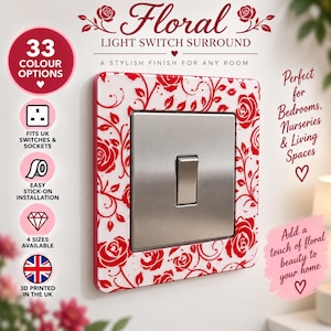 May include: A square light switch surround featuring a white background with a red rose and vine pattern. The centre contains a metallic silver light switch plate. Text on the image includes Floral Light Switch Surround, 33 Colour Options, Fits UK Switches & Sockets, Easy Stick-on Installation, 4 Sizes Available, and 3D Printed in the UK.