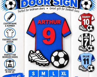 May include: A personalised football shirt door sign featuring a blue jersey with red sleeves, the name ARTHUR, and the number 9 in red. The sign includes a white football boot and a black and white football. Size options are 15cm, 20cm, 25cm, and 30cm.