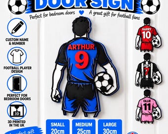 May include: A personalised football player door sign featuring a 3D printed figure in a blue and black jersey with the name ARTHUR and number 9. The sign includes icons for custom name, player design, and three size options: 20cm, 25cm, and 30cm.