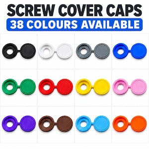 Peut inclure: Une collection de cache-vis en plastique de différentes couleurs unies, notamment noir, blanc, gris, bleu, vert, rouge, jaune, rose, violet, marron, bleu clair et orange. Le texte en haut indique SCREW COVER CAPS 38 COLOURS AVAILABLE.
