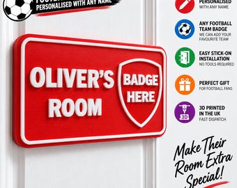 May include: A rectangular red door sign with white raised lettering that reads OLIVER'S ROOM and a shield graphic with the text BADGE HERE. The sign features a white border and is displayed alongside icons for personalisation, team badges, and installation.
