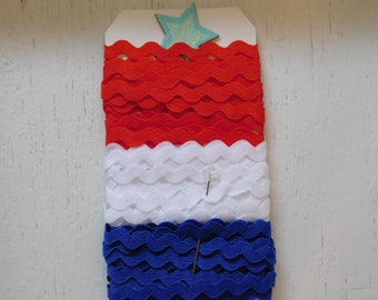 SALE- Red, White and Blue Ric Rac Trim or Ribbon - July 4th Crafts and Sewing Supplies - 9 Yards