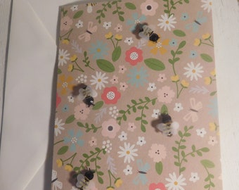 Flowers and Bees All Occasion Birthday Friendship Shower Thank You - Handmade Greeting Card